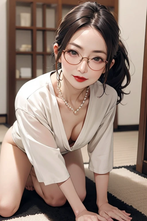 Beautiful and mature 55 year old Japanese woman, Married women, Fine Lines, Long eyelashes, Sparkling eyes, Low Ponytail, Wearing glasses, Red lipstick, elegant, Great body, Beige good, Beige panties, Pearl Necklace, photograph, Sensual pose, Browsing Caution, On all fours, 