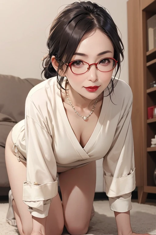 Beautiful and 55 year old Japanese woman, Married women, Fine Lines, Long eyelashes, Sparkling eyes, Low Ponytail, Wearing glasses, Red lipstick, elegant, Great body, Beige good, Beige pantiel Necklace, photograph, Sensual pose, Browsing Caution, On all fours,