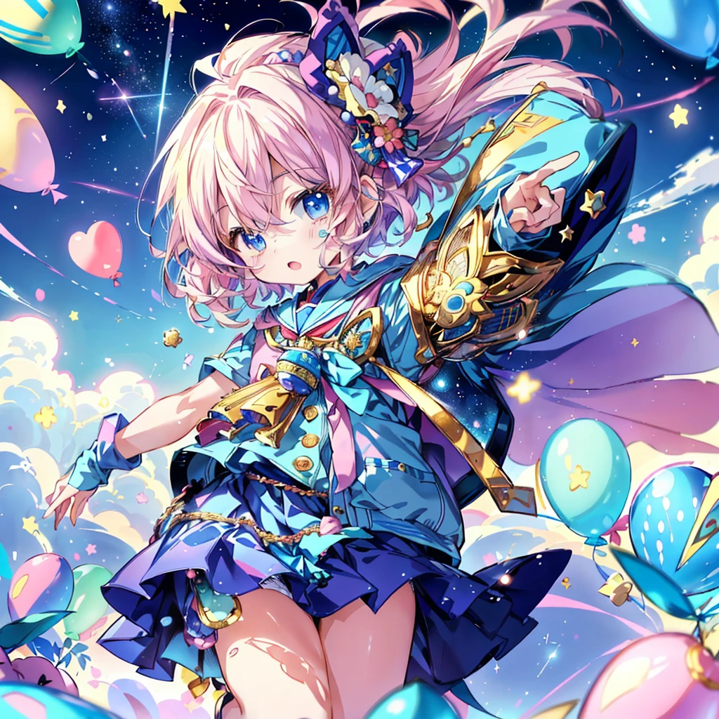Absurd、Little男の子、(((Highest quality、Masterpiece、Award-winning works、The best dynamic composition、Super detailed、Anime Style、Perfect ???????)))、Little、cute、Flying in the sky with lots of balloons、Wearing a blue costume、cute、Little、Heartwarming、kawaii tech,