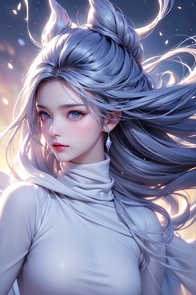 (Above the knees image)((masterpiece:1.5、8k、Portraiture、フォトリアリスティックでVery detailedなCG、Very detailed、Particle Effects、Dynamic Effects、Written boundary depth、Cinematic Light、Lens flare、Ray Tracing、Tabletop、Realistic:1.4、Ultra-high resolution:1.2、Realistic、Realistic))((alone、Turtleneck dress,No sleeve、Woman in white fur coat:1.4、Exposed sideways breast doll-like pose、Detailed face、bright表情、young, bright, Whiter skin、Small breasts:1.4、Best Looks、Ultimate beauty、Grey hair with shiny highlights:1.8、bright and shiny hair,、Arranged Hair、Hair dancing in the wind))(morning、In the background is a snowy hill overlooking the ruins...)