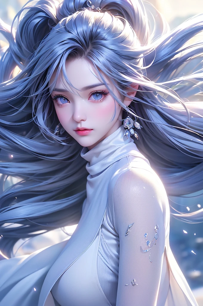 (Above the knees image)((masterpiece:1.5、8k、Portraiture、フォトリアリスティックでVery detailedなCG、Very detailed、Particle Effects、Dynamic Effects、Written boundary depth、Cinematic Light、Lens flare、Ray Tracing、Tabletop、Realistic:1.4、Ultra-high resolution:1.2、Realistic、Realistic))((alone、Turtleneck dress,No sleeve、Woman in white fur coat:1.4、Exposed sideways breast doll-like pose、Detailed face、bright表情、young, bright, Whiter skin、Small breasts:1.4、Best Looks、Ultimate beauty、Grey hair with shiny highlights:1.8、bright and shiny hair,、Arranged Hair、Hair dancing in the wind))(morning、In the background is a snowy hill overlooking the ruins...)