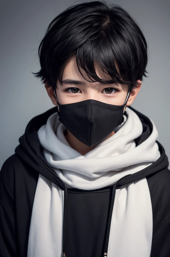 A boy with a mask cut in the middle, eyes and black hair and a cold sweater with a hood behind him