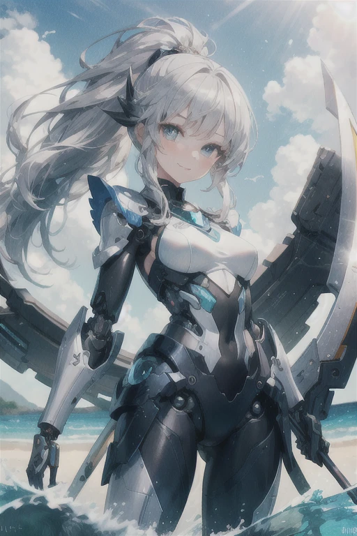 ((masterpiece,High resolution,8K quality,Highest quality)),One Girl,((Highly detailed face))Delicate eyes,((Hairstyle on:Wave Semi-Long,白髪とSilver Hair,Hair turns silver when exposed to light)),Smiling graciously,Natural skin color,Summer cheerfulness,Reflective water surface,Big ample breasts,((Water brilliance,White sand beach,))、Shining Eyes、Silver Hair、Beautiful light blue eyes、ponytail、The cutest in the world、Smiling but with a small mouth、high school student、Long Hair、The hair is very fine、A little transparent、Miraculous Beautiful Girl、The Lonely Princess、Height: 170cm、long hair、Mechanical Wing、A diamond-shaped ring is floating above his head、cyborg、He has a big scythe、Combat Mobile、Cool equipment、Beautiful standing posture