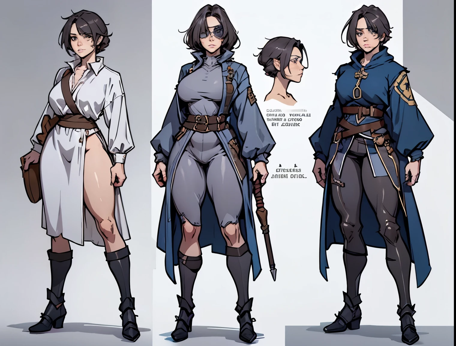  Woman Warrior Middle Age, Full Length, Character References, Detailed outfit,  Hair with graying, wrinkles and eyes, beautiful, full-length, Sports,  scars, sexy, Eye patch, dark hair with gray strands, Full Body Character Reference, Middle-Aged Woman, Not Young Woman with Scars