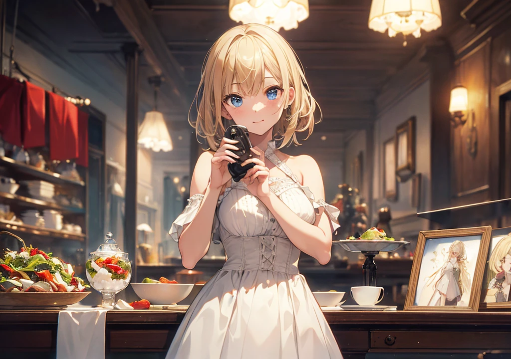 Realistic photos, Focus distance 10mm, Red and white, Beautiful girl, Realistic photos, Shooting at focus distance 10mm, masterpiece, 最high quality, high quality, Very detailed CG 8k wallpaper unit, Award-winning photography, Depth of written boundary, High resolution, bloom, chromatic aberration, Realistic, Very detailed, Art Station Trends, CGsociety Trends, Complex, High detail, dramatic, Art on the go, volumetric lighting, Salad A beautiful girl in a casual, refreshing dress is enjoying a fresh salad. In the background is an elegant table setting in a fine dining restaurant. The girl has short blonde hair and bright blue eyes