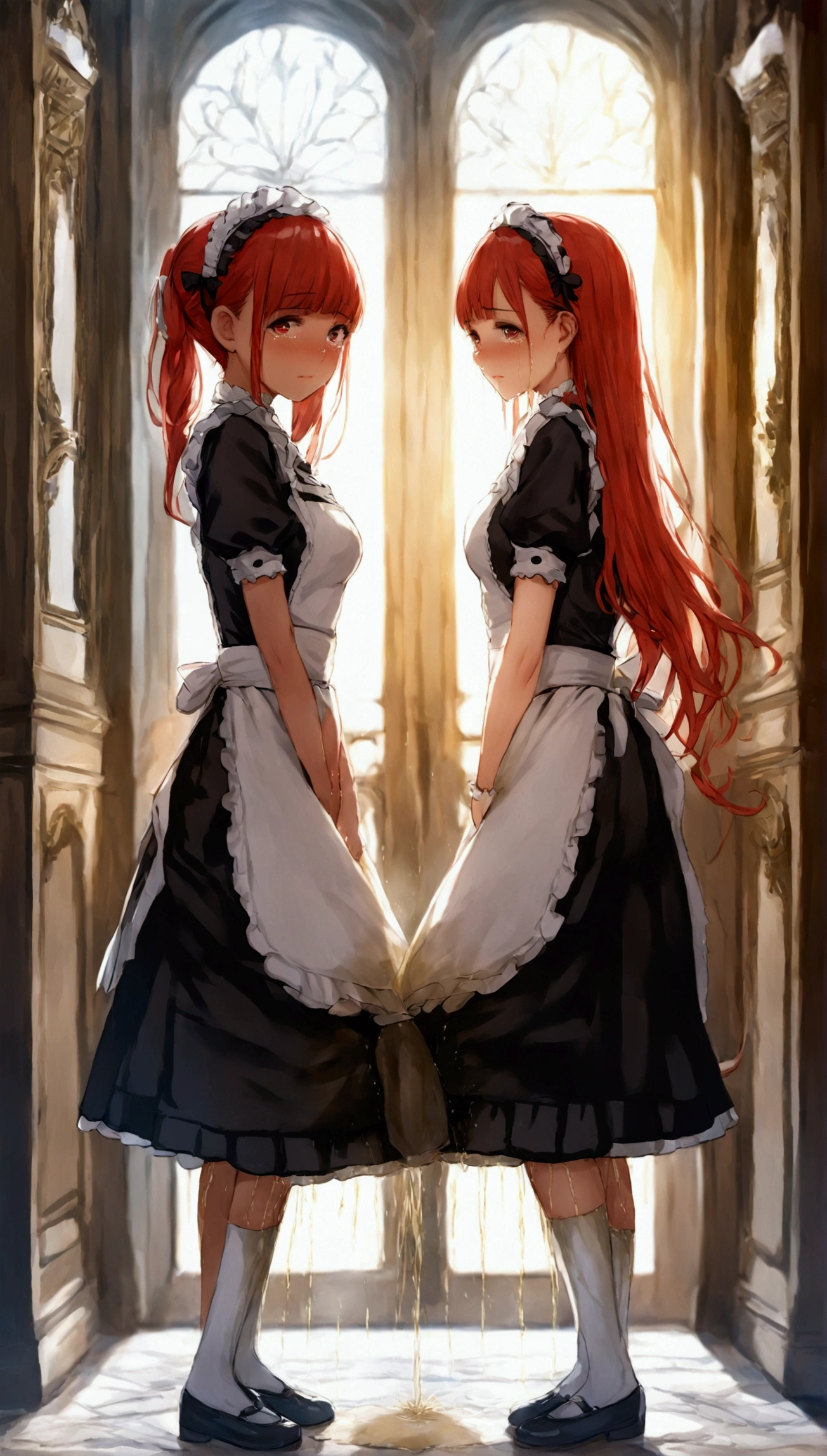 (masterpiece, Best quality, 8 K, Sharp Focus, depth of field, BEST SHADOWS, Perfect light, HDR, realistic skin texture, Ultra detailed Background, detail), anime style, harem. 2 girls. Maids.  long hair. beautiful eyes, Perfect eyes, expressive eyes, beautiful nose, perfect facial features, Ideal anatomical body. beautiful long legs. Maids uniform. medium breast, beautiful breasts. Girls cant stand straight. knees together, feet apart. They want to pee, they need to pee. They have a strong, desperate to pee They keep their hands on the crotch. They squeeze their crotches tightly. They rub their crotches. . They pee for themselves. They pee in panties. They piss on the floor. 2 girls peed while standing. Redness, Embarrassment. Offensively, There are tears in my eyes. Theyre crying. full length, in the whole body. Hall of the mansion.