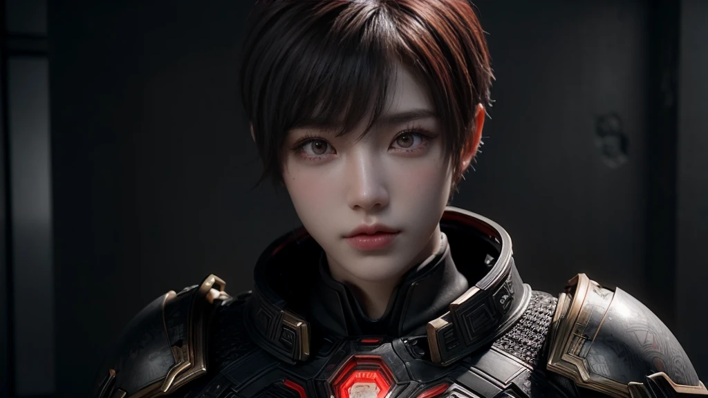 masterpiece,Game Art,Best picture quality,Maximum resolution,8K,(portrait),Unreal Engine 5 rendering works,(Digital Photography),((portrait Feature:1.5)),
20-year-old boy,Short hair details,Short bangs,(The red eye makeup is carefully applied),(Has short grey hair:1.4),(Large target, Strong chest muscles),Elegance and nobility,Brave and charming,
(The future armor combines the characteristics of Chinese armor,hollow-carved design,Power Armor,Mysterious oriental runes,Exquisite clothing patterns,Magic Flash),Future Warrior,Cyberpunk Characters,War Background,
light,Ray Tracing,Game CG,((3D Unreal Engine)),OC rendering reflection mode