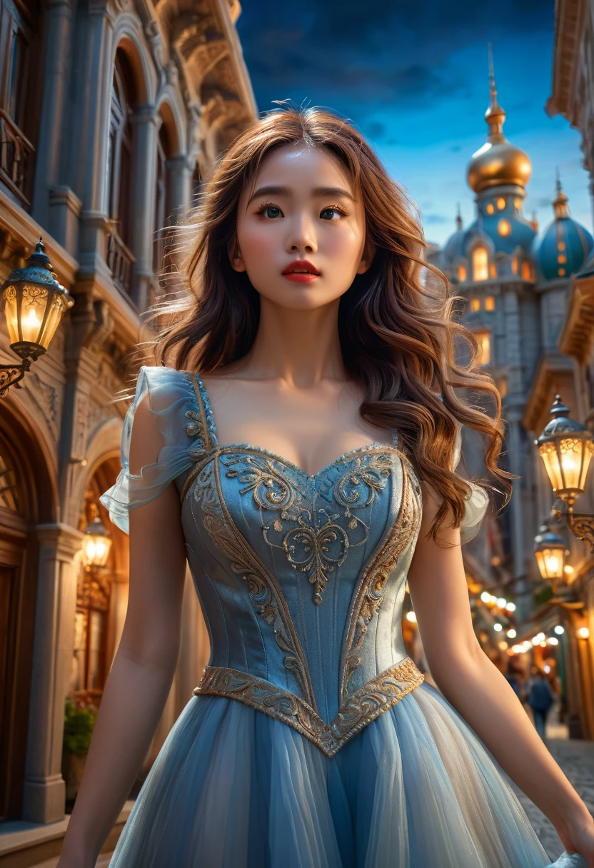 realistic miniature city, beautiful woman standing in miniature city, low angle shot, intricate details, highly detailed, ornate architecture, stunning lighting, cinematic composition, dramatic pose, elegant dress, flowing hair, mesmerizing eyes, delicate features, serene expression, photorealistic, 8k, HDR, masterpiece, concept art, vibrant colors, dramatic lighting
