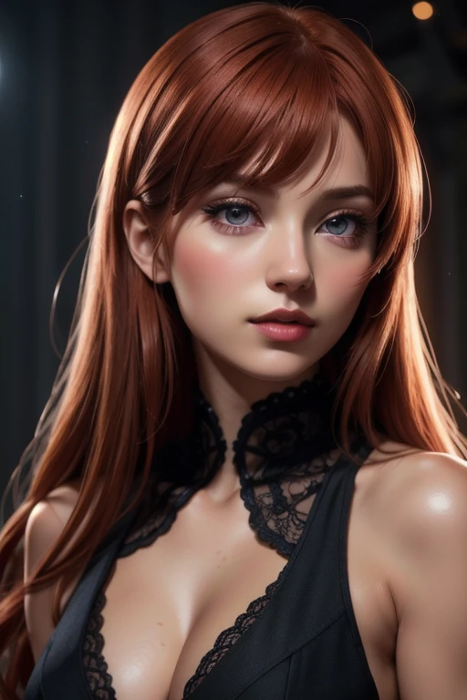 One girl, Star Eye, blush, Perfect lighting, Redhead, Red eyes, Unreal Engine, Side light, Detailed face, bangs, Light Skin, Simple Background, Night Background,