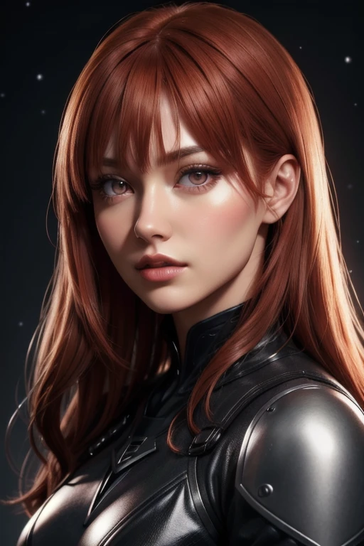 One girl, Star Eye, blush, Perfect lighting, Redhead, Red eyes, Unreal Engine, Side light, Detailed face, bangs, Light Skin, Simple Background, Night Background,