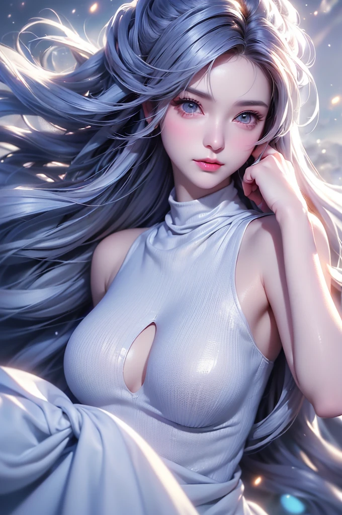 (Above the knees image)((masterpiece:1.5、8k、Portraiture、フォトリアリスティックでVery detailedなCG、Very detailed、Particle Effects、Dynamic Effects、Written boundary depth、Cinematic Light、Lens flare、Ray Tracing、Tabletop、Realistic:1.4、Ultra-high resolution:1.2、Realistic、Realistic))((alone、Turtleneck dress,No sleeve、Woman in white fur coat:1.4、Exposed sideways breast doll-like pose、Detailed face、bright表情、young, bright, Whiter skin、Small breasts:1.4、Best Looks、Ultimate beauty、Grey hair with shiny highlights:1.8、bright and shiny hair,、Arranged Hair、Hair dancing in the wind))(morning、In the background is a snowy hill overlooking the ruins...)
