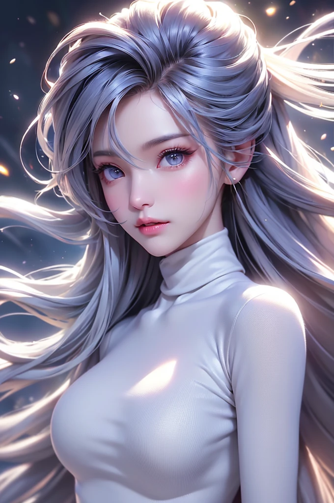 (Above the knees image)((masterpiece:1.5、8k、Portraiture、フォトリアリスティックでVery detailedなCG、Very detailed、Particle Effects、Dynamic Effects、Written boundary depth、Cinematic Light、Lens flare、Ray Tracing、Tabletop、Realistic:1.4、Ultra-high resolution:1.2、Realistic、Realistic))((alone、Turtleneck dress,No sleeve、Woman in white fur coat:1.4、Exposed sideways breast doll-like pose、Detailed face、bright表情、young, bright, Whiter skin、Small breasts:1.4、Best Looks、Ultimate beauty、Grey hair with shiny highlights:1.8、bright and shiny hair,、Arranged Hair、Hair dancing in the wind))(morning、In the background is a snowy hill overlooking the ruins...)
