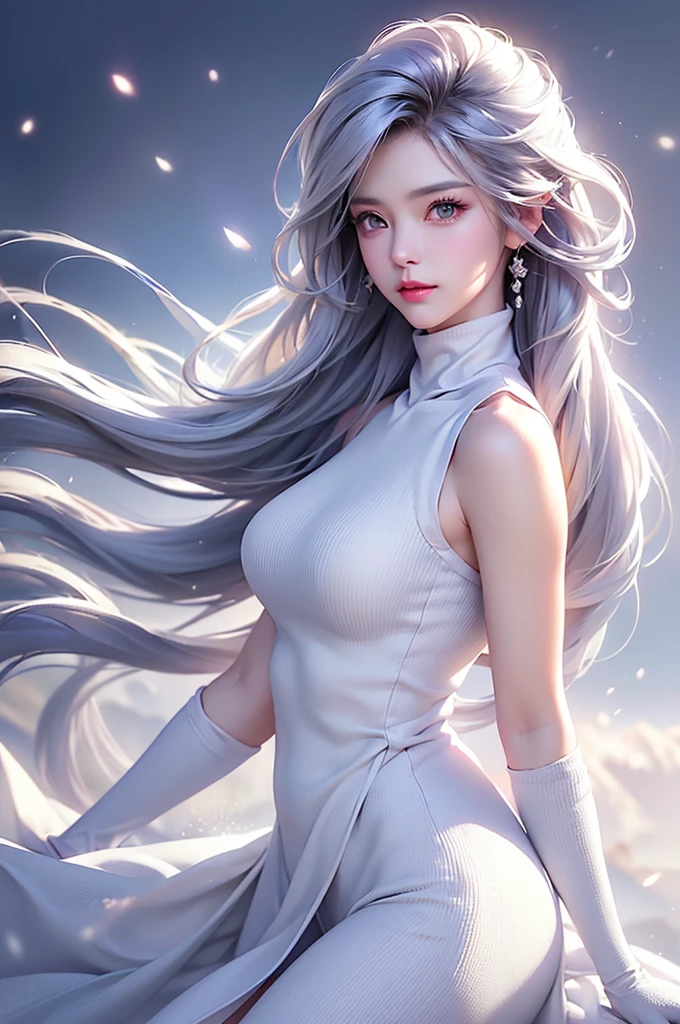(Above the knees image)((masterpiece:1.5、8k、Portraiture、フォトリアリスティックでVery detailedなCG、Very detailed、Particle Effects、Dynamic Effects、Written boundary depth、Cinematic Light、Lens flare、Ray Tracing、Tabletop、Realistic:1.4、Ultra-high resolution:1.2、Realistic、Realistic))((alone、Turtleneck dress,No sleeve、Woman in white fur coat:1.4、Exposed sideways breast doll-like pose、Detailed face、bright表情、young, bright, Whiter skin、Small breasts:1.4、Best Looks、Ultimate beauty、Grey hair with shiny highlights:1.8、bright and shiny hair,、Arranged Hair、Hair dancing in the wind))(morning、In the background is a snowy hill overlooking the ruins...)