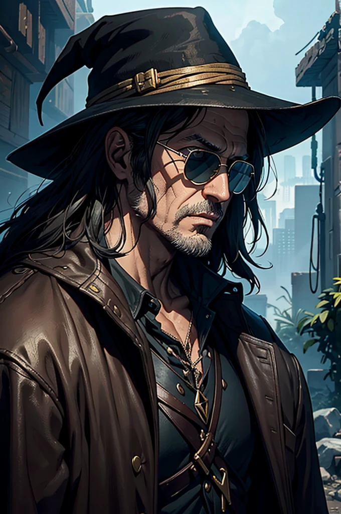 Close-up of a man wearing sunglasses, Like Solomon Kane, Epic Fantasy D & Good Hobbit Rogue, After the world ends explorer, Nicodemus, middle aged man, Disco Elysium characters, Old Cyberpunk Man, dirty man, After the world ends, To D & letter D, john, wizard, wise