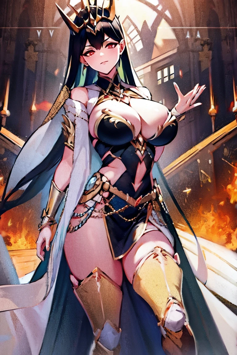 black hair, bare shoulder, red eyes, very long hair, cleavage, large breasts, dress, showgirl skirt, high-leg, cleavage cutout, tiara, bare thighs, gauntlets, bare shoulder,