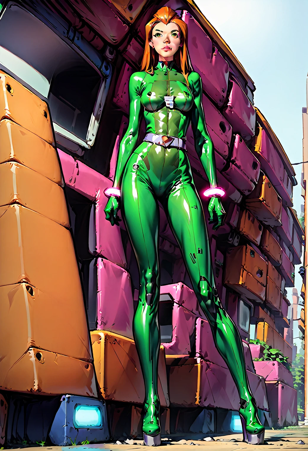 score_9, score_8_up, score_7_up, score_6_up, explore, 1girl, solo, woman, mature_female, photorealistic, detailed face, lightly muscular, green eyes, sam \(totally spies\), orange hair, long hair, glowing bracelet, deserted town, western, outdoors, realistic, sunlight, vibrant colors, masterpiece, action lines, hard_surface, by gil elvgreen, long legs, modelesque, 3d,, femme fatale, wedge heels, cybernetics, high tech, high quality high detail, glow, wet look, leather thigh-high high heeled boots, green spandex bodysuit, cirre patches, ketten, latex gloves
1960s, classic ad, detailed_background