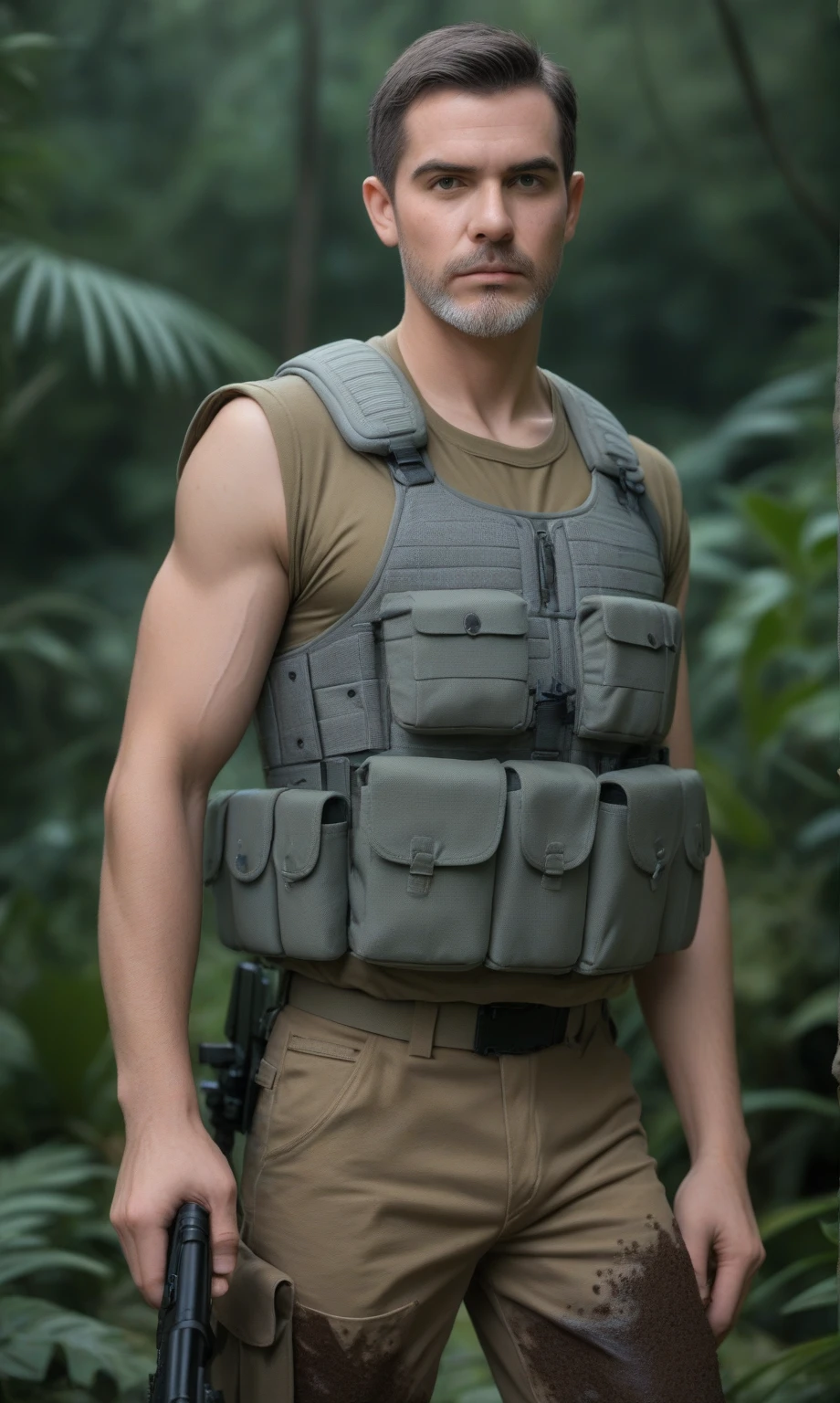 score_9, score_8_up, score_7_up, score_6_up, score_5_up, score_4_up, realistic style, photo, photorealistic, high detail, (sharp), cowboy shot, middle-aged man, (special forces soldier), short hair, stern expression, scar on face, gray beard, dressed in special forces uniform, tactical unloading, tactical vest, tactical pants, standing knee-deep in mud in the night jungle, looking at viewer, night, dark, tag1, tag2