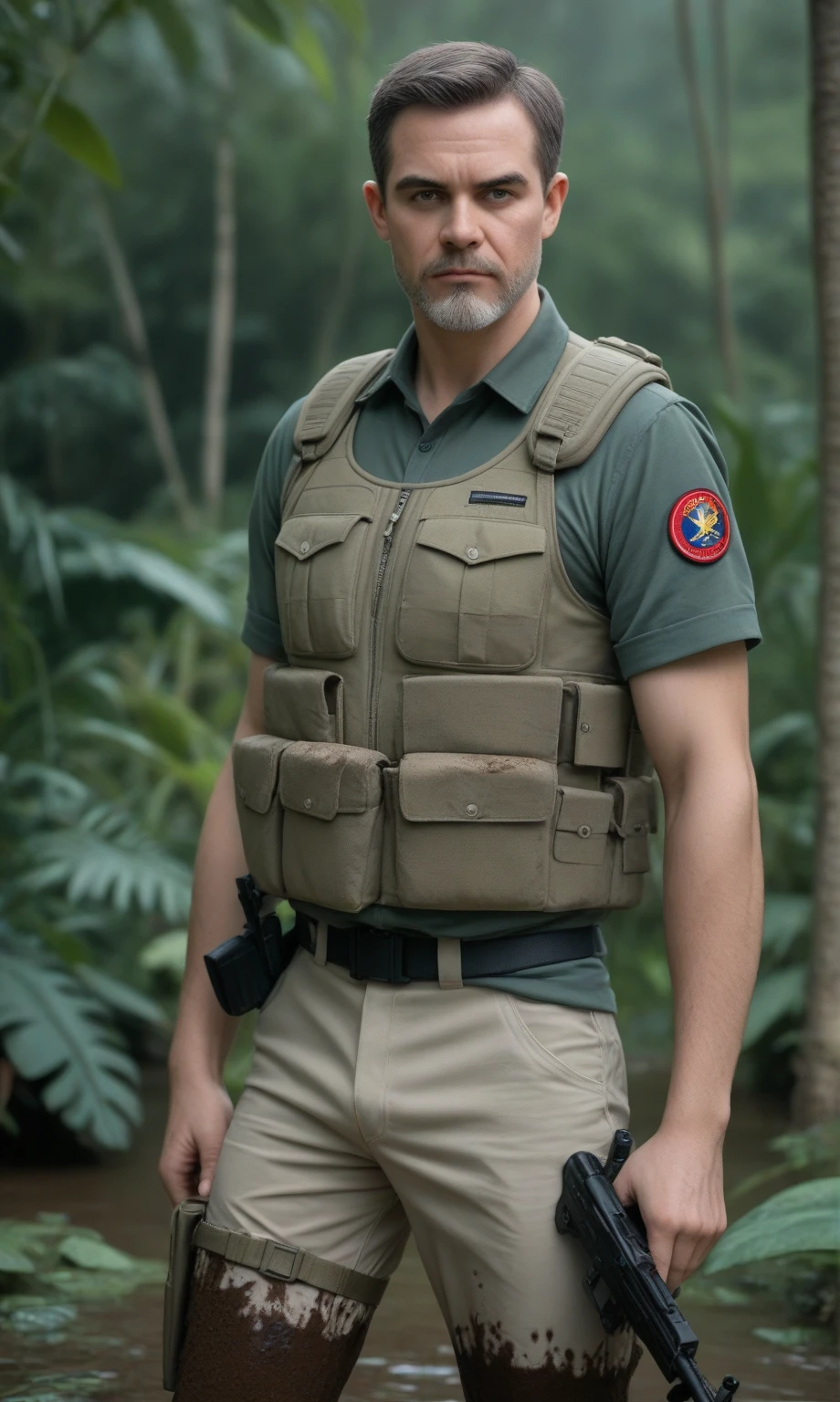 score_9, score_8_up, score_7_up, score_6_up, score_5_up, score_4_up, realistic style, photo, photorealistic, high detail, (sharp), cowboy shot, middle-aged man, (special forces soldier), short hair, stern expression, scar on face, gray beard, dressed in special forces uniform, tactical unloading, tactical vest, tactical pants, standing knee-deep in mud in the night jungle, looking at viewer, night, dark, tag1, tag2