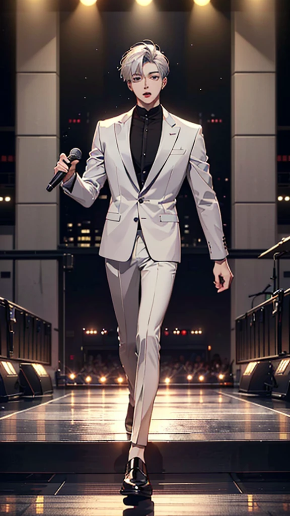 ((Highest quality,masterpiece,Extremely sophisticated details,long distance whole body view,A handsome Korean-style man with short silver hair sings on the concert stage,The spotlight shines on you,Wearing the boss's formal short black suit without tie and high collar,singer)),Extremely mature and handsome,Super domineering handsome guy,Gorgeous stage background