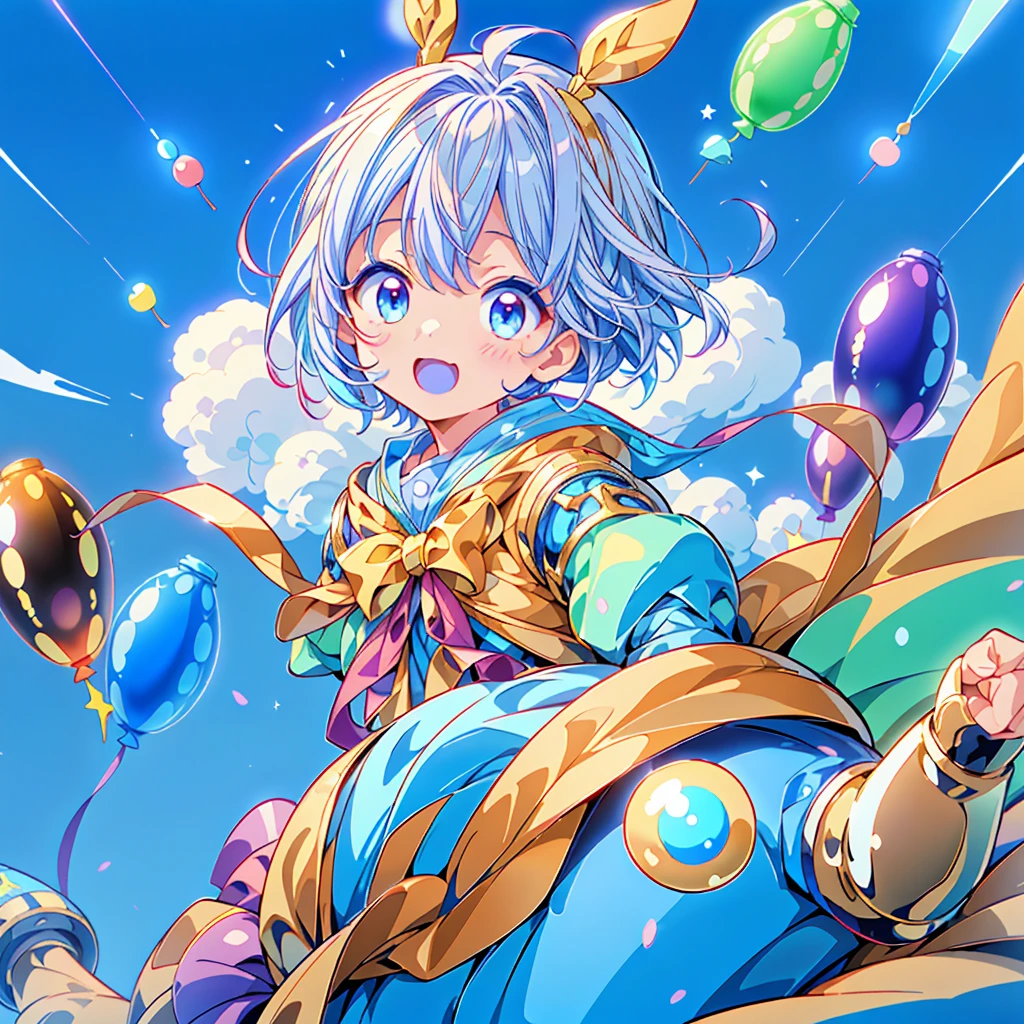 Absurd、Little男の子、(((Highest quality、Masterpiece、Award-winning works、The best dynamic composition、Super detailed、Anime Style、Perfect Anatomy)))、Little、cute、Flying in the sky with lots of balloons、Wearing a blue costume、cute、Little、Heartwarming、kawaii tech,