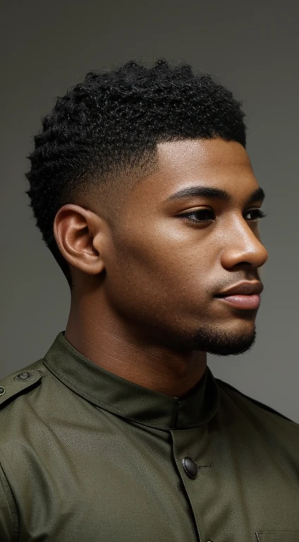 Black boy in his twenties , better one, 28 years old, military hairstyle, Black Hair, Green Eyes Fixed, Additional features, No facial hair, Height 1.93, Weight 100 kg, Aesthetic muscle structure, Broad shoulders, V-Shaped Body, Whole body focus, No hair at all,multi-angle,Positive angle,Side view