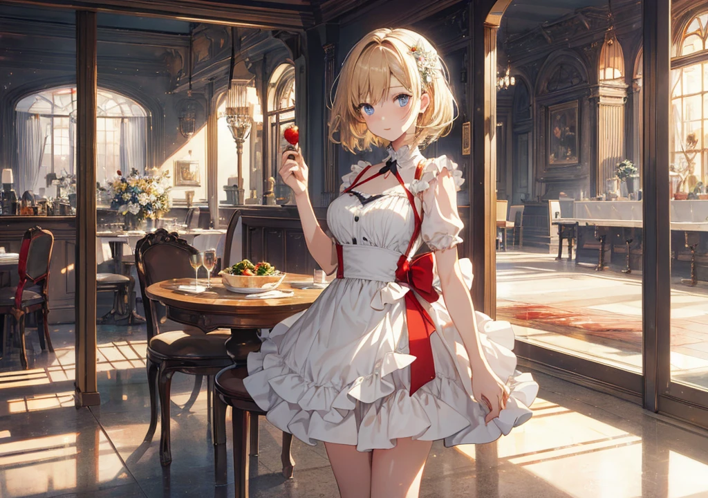 Realistic photos, Focus distance 10mm, Red and white, Beautiful girl, Realistic photos, Shooting at focus distance 10mm, masterpiece, 最high quality, high quality, Very detailed CG 8k wallpaper unit, Award-winning photography, Depth of written boundary, High resolution, bloom, chromatic aberration, Realistic, Very detailed, Art Station Trends, CGsociety Trends, Complex, High detail, dramatic, Art on the go, volumetric lighting, Salad A beautiful girl in a casual, refreshing dress is enjoying a fresh salad. In the background is an elegant table setting in a fine dining restaurant. The girl has short blonde hair and bright blue eyes