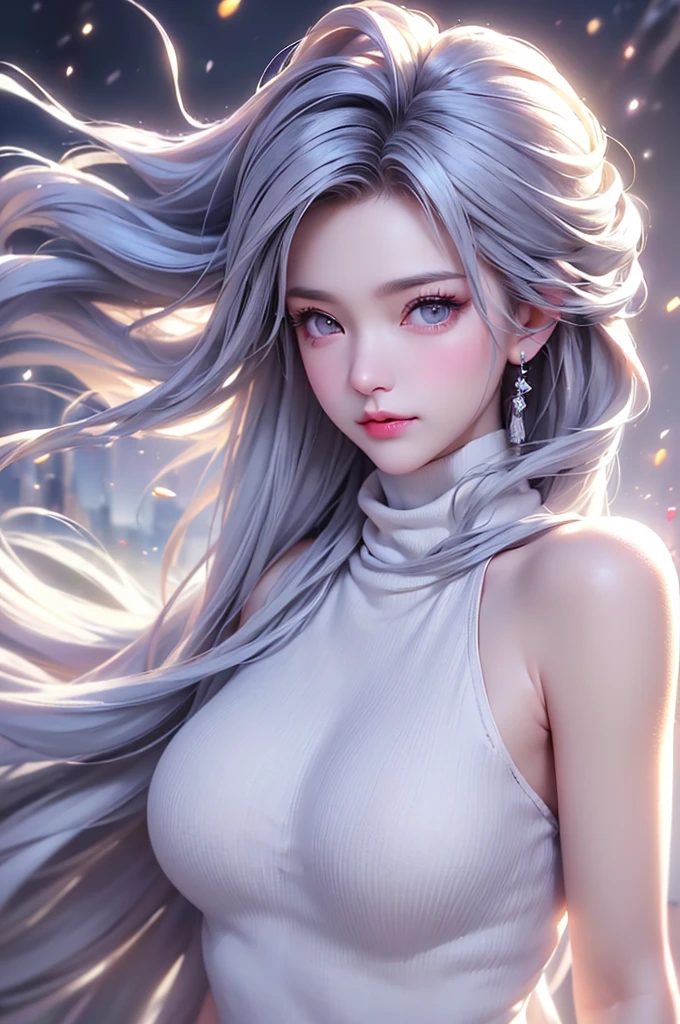 (Above the knees image)((masterpiece:1.5、8k、Portraiture、フォトリアリスティックでVery detailedなCG、Very detailed、Particle Effects、Dynamic Effects、Written boundary depth、Cinematic Light、Lens flare、Ray Tracing、Tabletop、Realistic:1.4、Ultra-high resolution:1.2、Realistic、Realistic))((alone、Turtleneck dress,No sleeve、Woman in white fur coat:1.4、Exposed sideways breast doll-like pose、Detailed face、bright表情、young, bright, Whiter skin、Small breasts:1.4、Best Looks、Ultimate beauty、Grey hair with shiny highlights:1.8、bright and shiny hair,、Arranged Hair、Hair dancing in the wind))(morning、In the background is a snowy hill overlooking the ruins...)