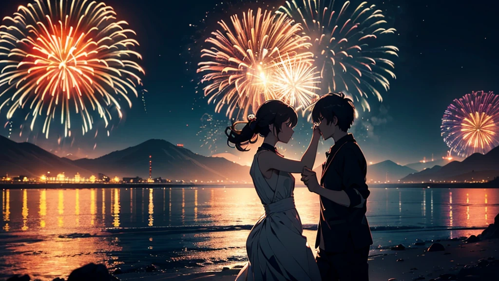 Fireworks, blurry in front, while pale colors color the night sky, an explosion of vivid light spreads in the distance. At the end of the hazy vision, fleeting sparks dance a fantastic dance and blend into the darkness of the night like a momentary dream.