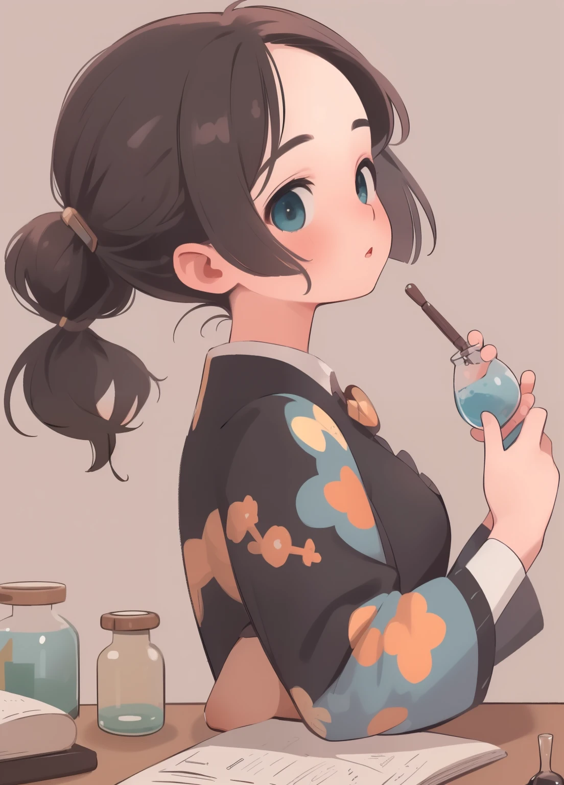 (masterpiece、Highest quality、Highest quality、Official Art、beautifully美しい:1.2)、(1人のgirl:1.3)Hatsune Miku、Twin tails,Beautiful breasts, Katsushika Hokusai,Browsing Caution,(Fantasy:1.5),(anime,8k,masterpiece, Highest quality, Highest quality,beautifully、beautiful:1.2,Professional illustrations:1.1,Very detailedな:1.3,Perfect lighting),Very detailed,Most detailed,Unbelievably absurd , High resolution, Very detailedなed,complicated:1.6,(Alchemy Workshop:1.4),A girl mixing,Many small medicine bottles,Contains a small potion,colorful:1.4,Tangled,(1girl),(girl),(Female warriors of the Three Kingdoms),(Very beautiful face and eyes,Firm breasts),Oily skin,((black,hair,short bob with short pony tail hair)),thin pubic hair,cute,Lovely,age 34,Alchemist's costume,merchant'Clothing,smile,In the kitchen,smile,Seductive Weakness々しいsmile,(with sparkling eyes and a contagious smile),Open your mouth, Show Viewer,