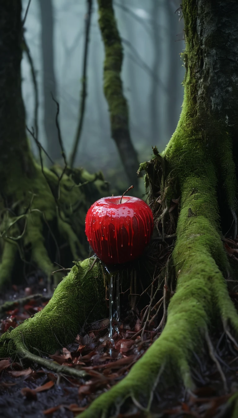 Close-up of a blood-red, dripping, moss-covered and rotting apple floating in a dark, foggy forest. The apple is surrounded by twisted tree roots and glowing, unusual eyes. Cinematic lighting, high detail, 8k, artstation, conceptual art, dark fantasy. Photo taken with Canon EOS R5 85mm f/11 Camera, ((sharp)) mode of people and surrounding scenery. Image quality ((8K)), ((lifelike)), ((masterpiece)), ((sharp and highest contrast)), ((great depth of field)), ((light stereolithography)).