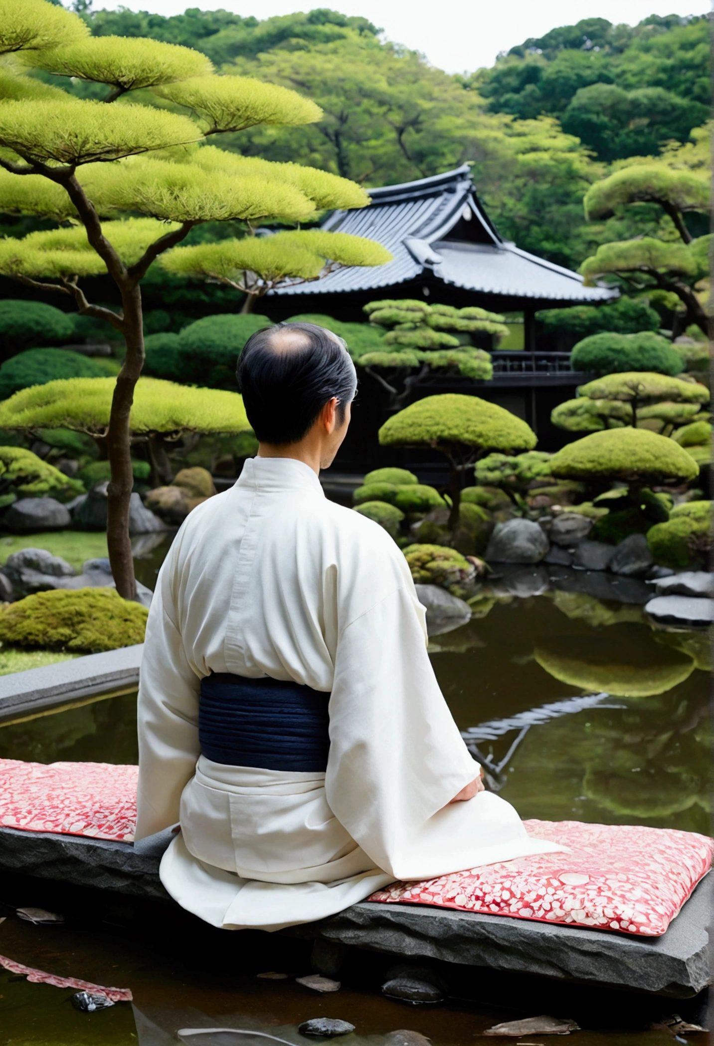 A man in a white kimono sitting on a cushion in front of a pond, Back view、Inspired by Sesshu Toyo, Japanese style, Traditional Japanese, Inspired by Shosen-in Kano, Ancient Japanese architecture, Ancient Japanese monks, In the Japanese garden, Inspired by Shoen Uemura, The aesthetics of travel in Japan, Japanese Temples, Japan legacy、A Japanese garden on a hill、A blue sky overlooking the distance