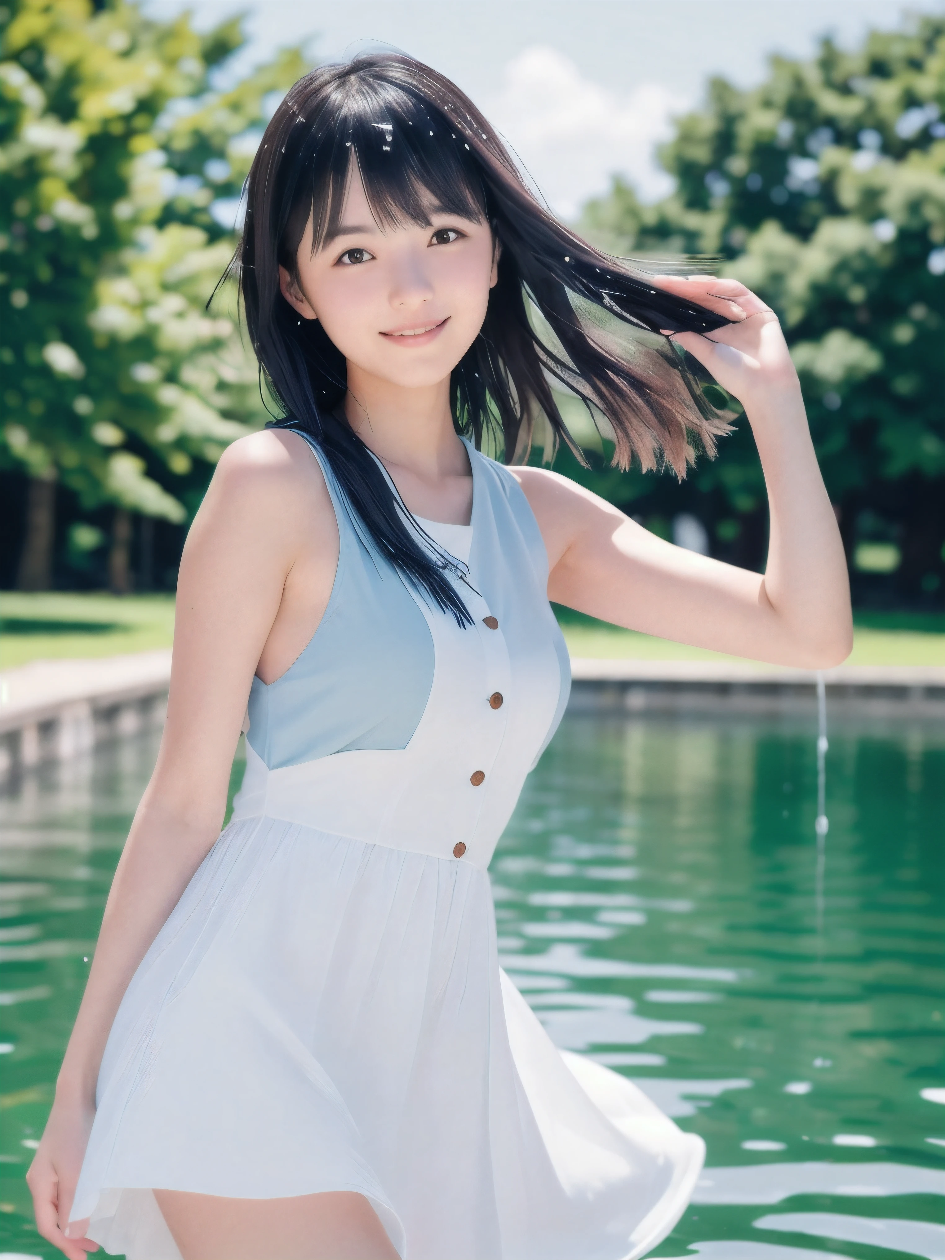 (Close up portrait of slender small-breasted dark silver long hair with swept bangs girl wearing a white summer dress:1.5)、(One girl is splaying with small smile in the clear stream and water fall at the forest in Japan:1.5)、(Summer beautiful blue sky and forest:1.5)、(blurred background:1.5)、(8k ultra detailed master piece:1.5)、(perfect anatomy:1.5)、(Photorealistic stick:1.5)、(Raw photo:1.3)、(highest quality:1.5)、(High resolution:1.3)、(Delicate and beautiful perfect face:1.3)、(Delicate and beautiful eye air skin:1.3)、(Real Human Skin:1.3)、((thin legs))