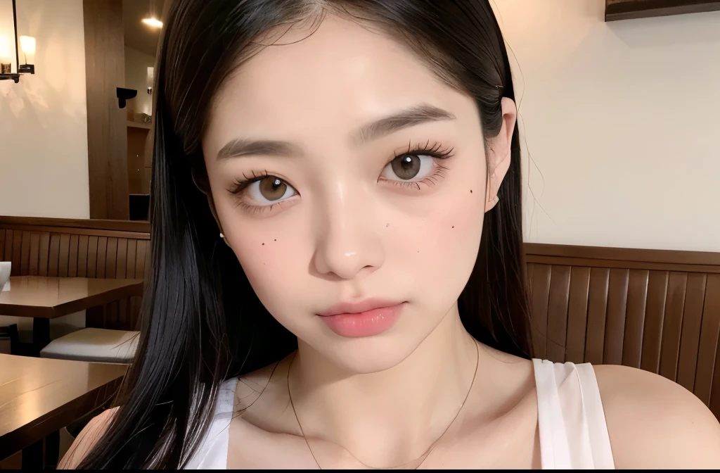 Kim Jennie with black hair, with curlers at the ends, Brown eyes, beautiful eyes, crying eyes, beautiful, splash your nose, watery nose, beautiful lips, pink lips, heart and cupid shaped lip, beautiful skin, pale white skin, with moles and freckles all over his face, soft pink blush on cheeks, soft pink makeup, Nice neck, marked collar, tender look, with a kiss necklace, while wearing a white dress, white dress with rose print, beautiful vestido, with summer shorts, while wearing a dress with summer shorts, as long as you have a slim and beautiful abdomen, sexy (big breasts, soft breasts, beautifuls pechos), while in a restaurant eating noodles, autophoto, looking to the camera