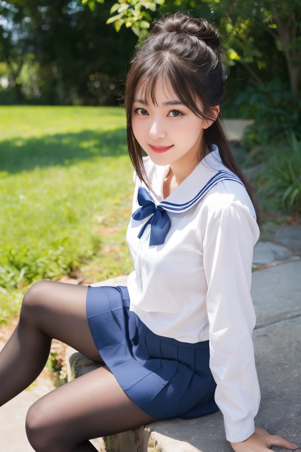 (((masterpiece))), (((Highest quality: 1.4))), ((Super detailed: 1.4)) , Super realistic in summer uniform, -yeld giSeraphim、seifuku, Colored Sailor Uniform, Japan , A seductive smile、Japanese ido、Skirt and thighs、Sitting on the lawn、Sitting, (Wearing pantyhose、Ultra-realistic pantyhose)、RAW Photos, (In 8K、Highest quality、masterpiece:1.2)、(Intricate details:1.4)、(Photorealistic:1.4)、Octane Rendering、 Vivid details, Super Detail, Realistic skin texture, Sharp focus, Makeup, (Detailed Background:1.2),　Shiny skin、Bare thighs!!!、