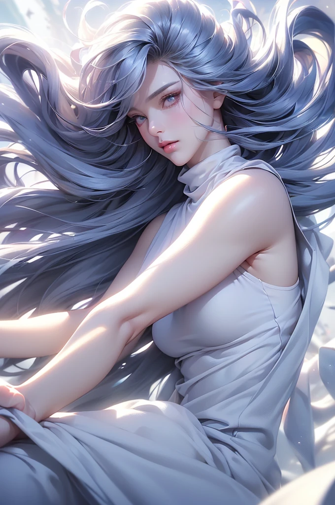 (Above the knees image)((masterpiece:1.5、8k、Portraiture、フォトリアリスティックでVery detailedなCG、Very detailed、Particle Effects、Dynamic Effects、Written boundary depth、Cinematic Light、Lens flare、Ray Tracing、Tabletop、Realistic:1.4、Ultra-high resolution:1.2、Realistic、Realistic))((alone、Turtleneck dress,No sleeve、Woman in white fur coat:1.4、Exposed sideways breast doll-like pose、Detailed face、bright表情、young, bright, Whiter skin、Small breasts:1.4、Best Looks、Ultimate beauty、Grey hair with shiny highlights:1.8、bright and shiny hair,、Arranged Hair、Hair dancing in the wind))(morning、In the background is a snowy hill overlooking the ruins...)