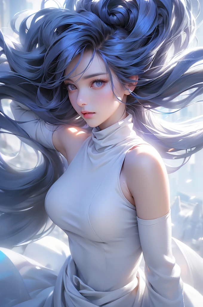 (Above the knees image)((masterpiece:1.5、8k、Portraiture、フォトリアリスティックでVery detailedなCG、Very detailed、Particle Effects、Dynamic Effects、Written boundary depth、Cinematic Light、Lens flare、Ray Tracing、Tabletop、Realistic:1.4、Ultra-high resolution:1.2、Realistic、Realistic))((alone、Turtleneck dress,No sleeve、Woman in white fur coat:1.4、Exposed sideways breast doll-like pose、Detailed face、bright表情、young, bright, Whiter skin、Small breasts:1.4、Best Looks、Ultimate beauty、Grey hair with shiny highlights:1.8、bright and shiny hair,、Arranged Hair、Hair dancing in the wind))(morning、In the background is a snowy hill overlooking the ruins...)