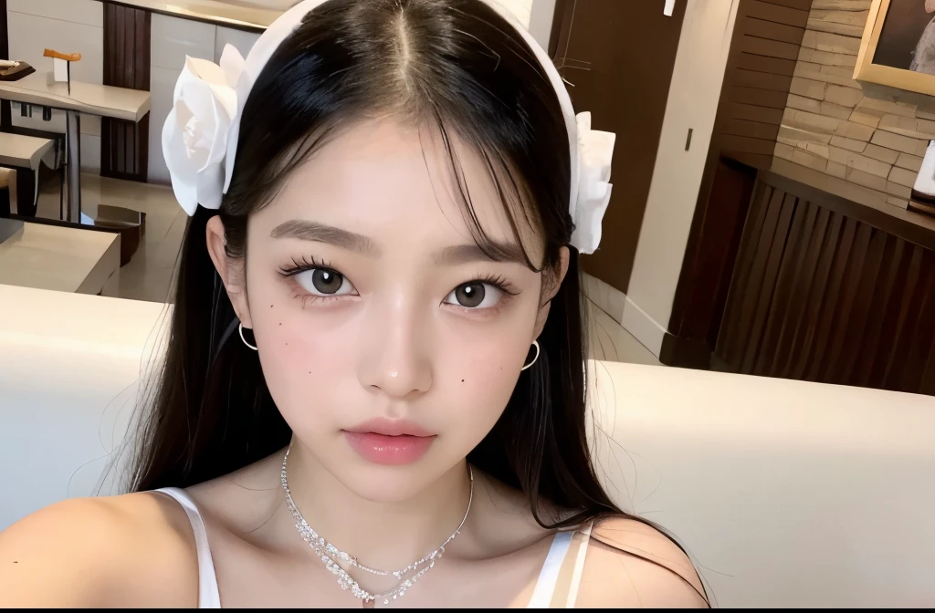 Kim Jennie with black hair, with curlers at the ends, Brown eyes, beautiful eyes, crying eyes, beautiful, splash your nose, watery nose, beautiful lips, pink lips, heart and cupid shaped lip, beautiful skin, pale white skin, with moles and freckles all over his face, soft pink blush on cheeks, soft pink makeup, Nice neck, marked collar, tender look, with a kiss necklace, while wearing a white dress, white dress with rose print, beautiful vestido, with summer shorts, while wearing a dress with summer shorts, as long as you have a slim and beautiful abdomen, sexy (big breasts, soft breasts, beautifuls pechos), while in a restaurant eating noodles, autophoto, looking to the camera