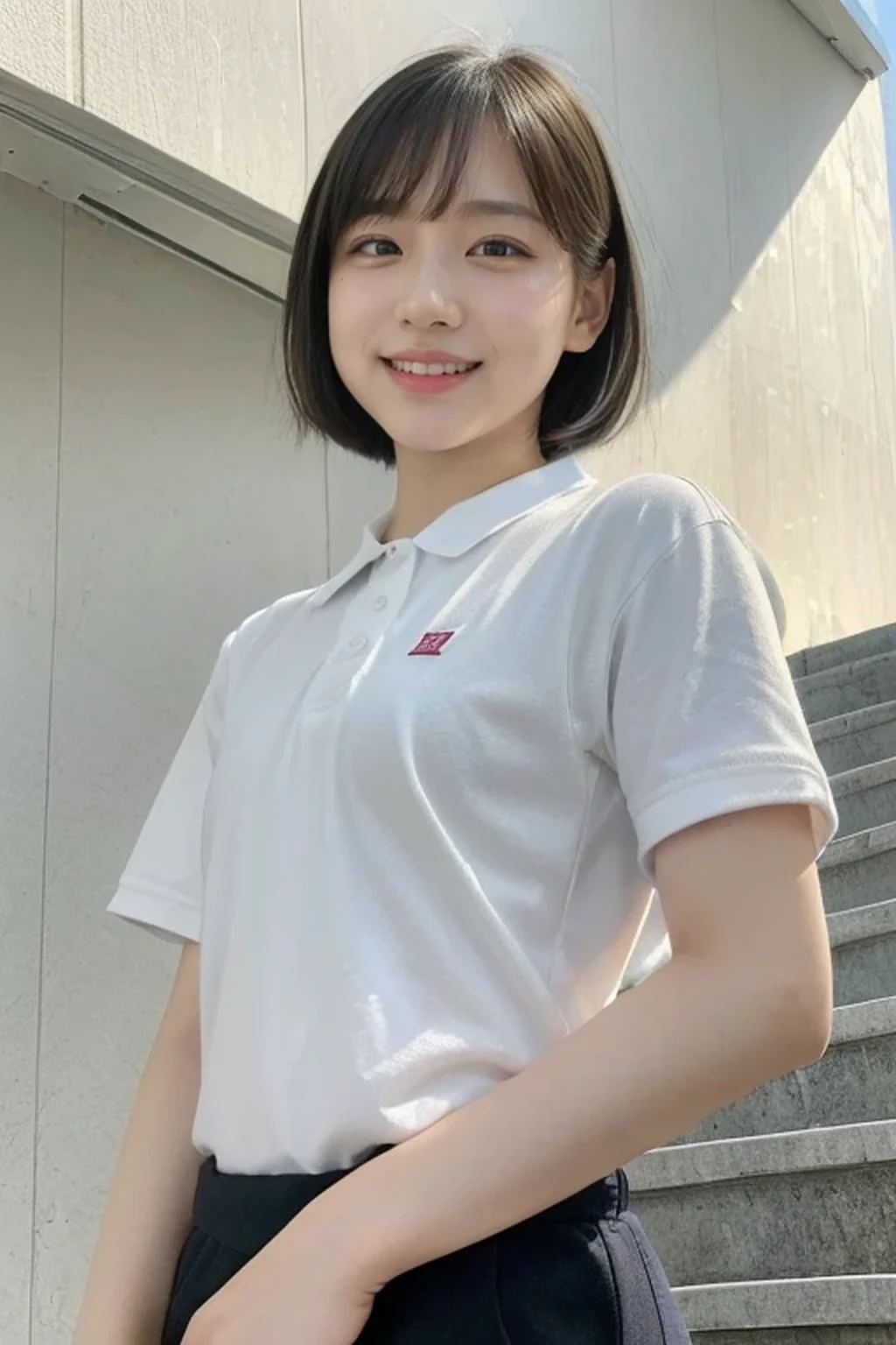 (from below:1.5), (8k, RAW photo, best quality, masterpiece:1.2), (realistic, photo-realistic:1.4), (extremely detailed 8k wallpaper), 17 years old, pretty Japanese girl, standing on school stairs, (very short cut hair:1.3), smile, 