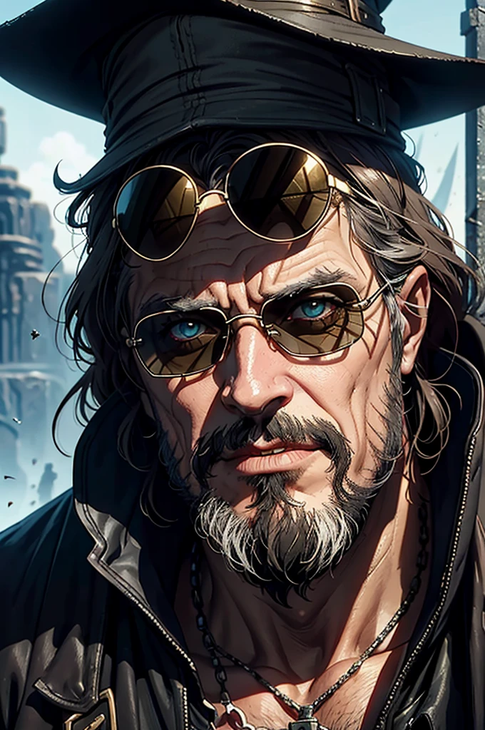 Close-up of a man wearing sunglasses, Like Solomon Kane, Epic Fantasy D & Good Hobbit Rogue, After the world ends explorer, Nicodemus, middle aged man, Disco Elysium characters, Old Cyberpunk Man, dirty man, After the world ends, To D & letter D, john, wizard, wise, No hats.