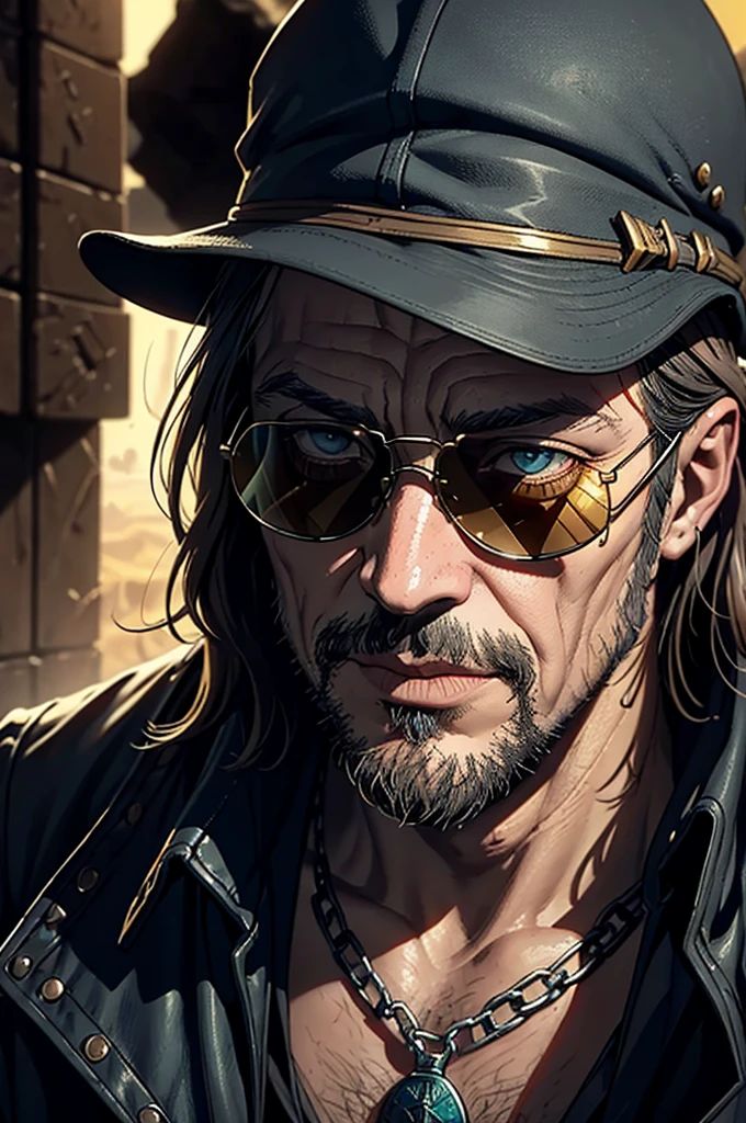 Close-up of a man wearing sunglasses, Like Solomon Kane, Epic Fantasy D & Good Hobbit Rogue, After the world ends explorer, Nicodemus, middle aged man, Disco Elysium characters, Old Cyberpunk Man, dirty man, After the world ends, To D & letter D, john, wizard, wise, No hats.
