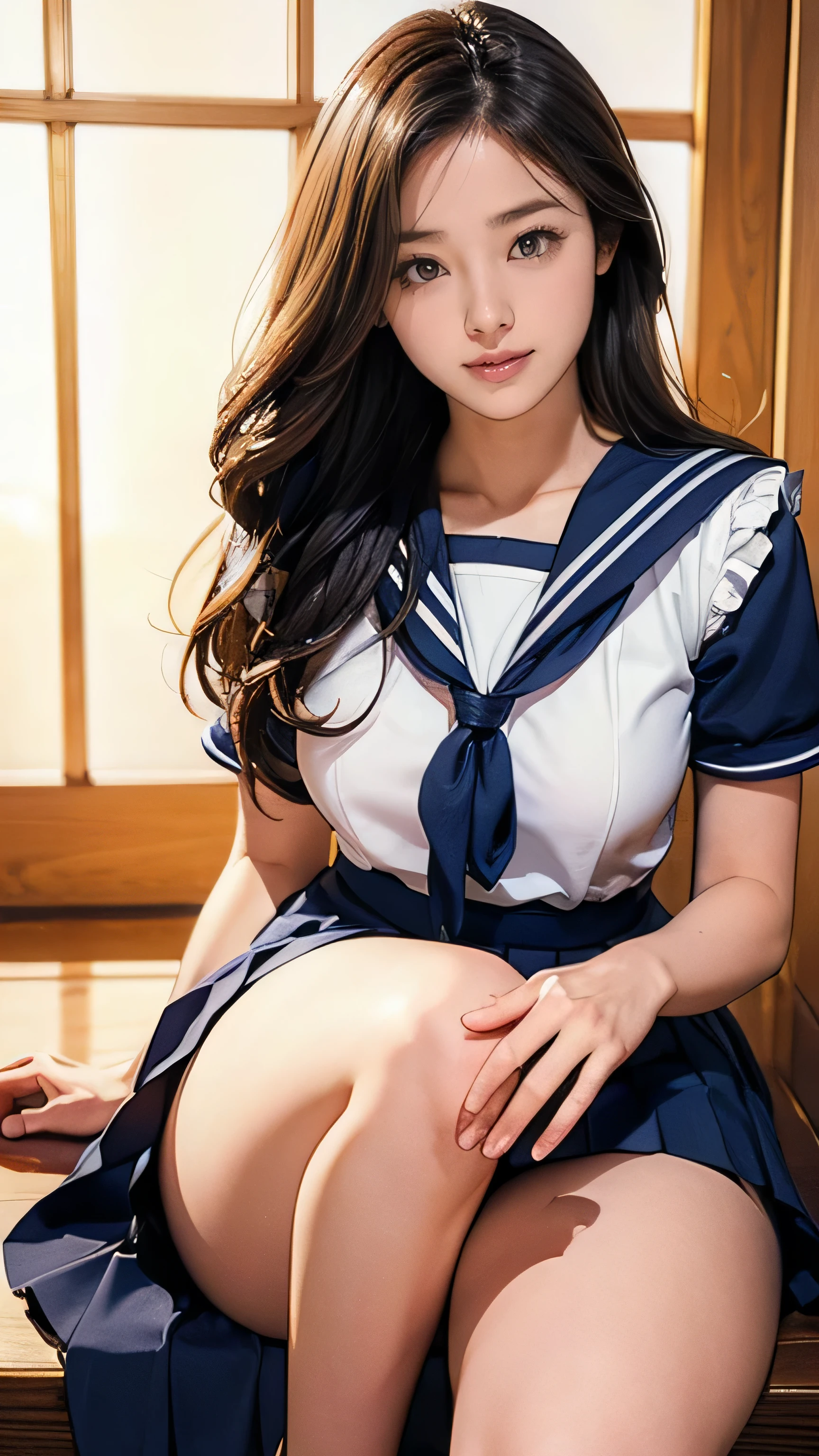 (masterpiece:1.2, Highest quality), (Realistic, photoRealistic:1.4), Beautiful illustrations, (Natural Side Lighting, Cinema Lighting), Beautiful thighs, Front view, 1 girl, high school girl, 13 years old, Perfect Face, Symmetrical cute face, Glowing Skin, ランダムなカラーのSailor suit、 (Super long brown hair,Hair with loose waves insid), Big eyes, long eyelashes chest), thin, expensive、 Beautiful Hair, Beautiful Face, Beautiful and beautiful eyes, Beautiful clavicle, Beautiful body, Beautiful breasts, Beautiful thighs, Beautiful feet, Beautiful fingers, ((High quality fabric, Sailor suit, Navy Mini Pleated Skirt)), (Beautiful views),Are standing, (smile, wonderful, Open your mouth),((look down at the viewer,from below)),