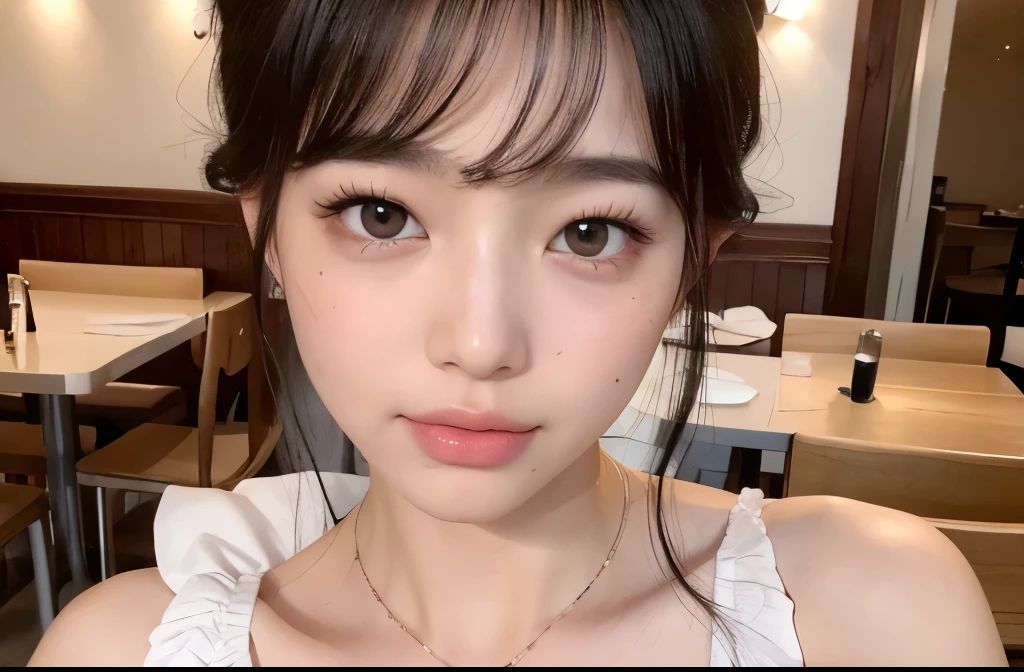 Kim Jennie with black hair, with curlers at the ends, Brown eyes, beautiful eyes, crying eyes, beautiful, splash your nose, watery nose, beautiful lips, pink lips, heart and cupid shaped lip, beautiful skin, pale white skin, with moles and freckles all over his face, soft pink blush on cheeks, soft pink makeup, Nice neck, marked collar, tender look, with a kiss necklace, while wearing a white dress, white dress with rose print, beautiful vestido, with summer shorts, while wearing a dress with summer shorts, as long as you have a slim and beautiful abdomen, sexy (big breasts, soft breasts, beautifuls pechos), while in a restaurant eating noodles, autophoto, looking to the camera