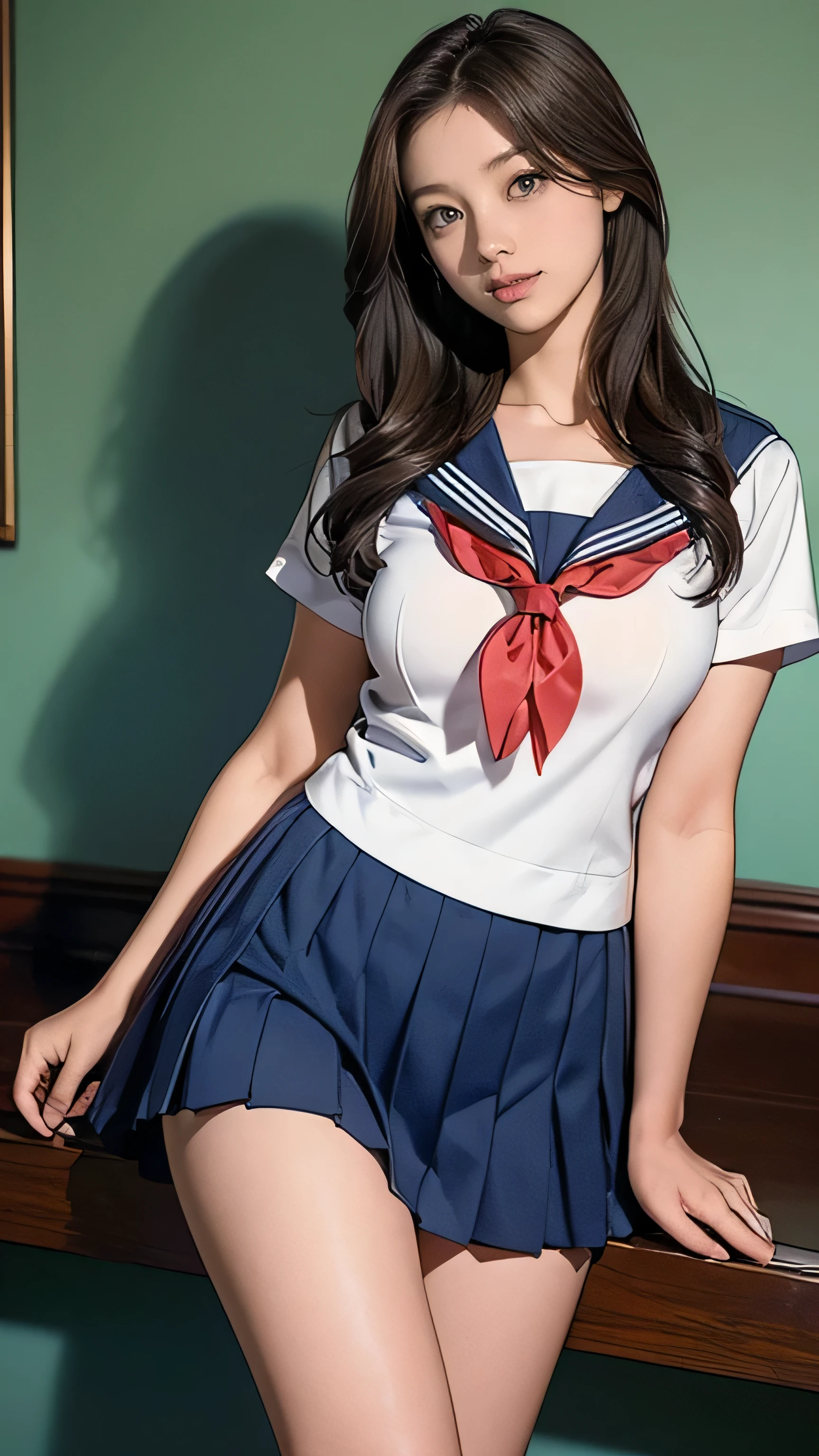 (masterpiece:1.2, Highest quality), (Realistic, photoRealistic:1.4), Beautiful illustrations, (Natural Side Lighting, Cinema Lighting), Beautiful thighs, Front view, 1 girl, high school girl, 13 years old, Perfect Face, Symmetrical cute face, Glowing Skin, ランダムなカラーのSailor suit、 (Super long brown hair,Hair with loose waves insid), Big eyes, long eyelashes chest), thin, expensive、 Beautiful Hair, Beautiful Face, Beautiful and beautiful eyes, Beautiful clavicle, Beautiful body, Beautiful breasts, Beautiful thighs, Beautiful feet, Beautiful fingers, ((High quality fabric, Sailor suit, Navy Mini Pleated Skirt)), (Beautiful views),Are standing, (smile, wonderful, Open your mouth),((look down at the viewer,from below)),