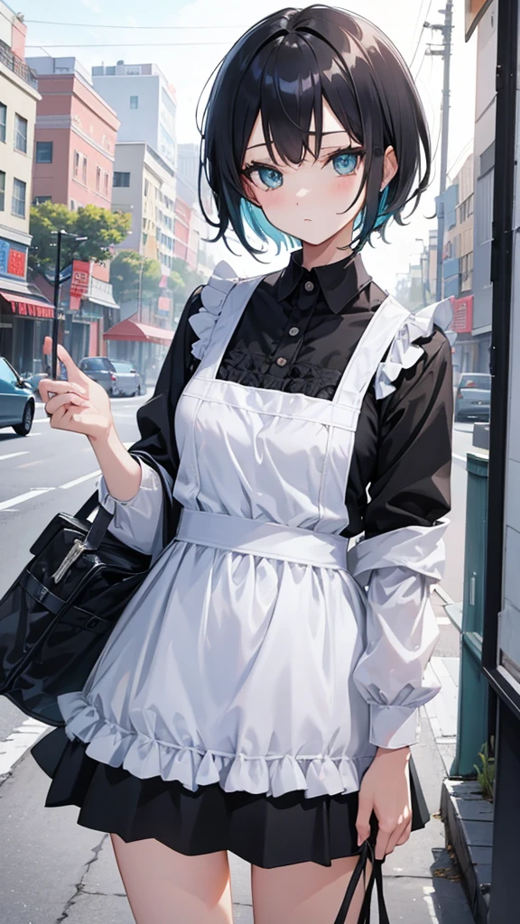 (masutepiece:1.2, Best Quality),  [1 girl in, expressioness, (Turquoise eyes;1.3), front facing, jet-black hair, half short cut hair,straight hair, Jacket is taken off, Cafe Apron,black frill skirt,] cowboy shot,