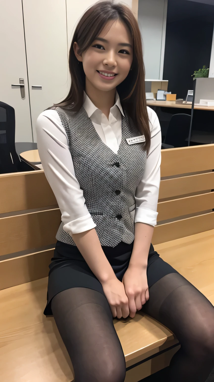 Highest quality、8k、masterpiece、Ultra-high resolution、Clear photos、Professional Lighting、Natural light、Realistic,、Highly detailed skin、Perfect Anatomy、One Woman、30 years old、:1.6、Large Breasts、Glamour、Bob Hair、Brown Hair、Beautiful Hair、smile、((Office Uniforms))、((Checked office vest:1.2))、((Tight mini skirt:1.2))、((Perfect Pantyhose:1.2))、((Black Pantyhose))、blue sky、at the park、((Sit on a bench))、(((Spread your legs:1.5)))、((Full Body Shot:1.1))