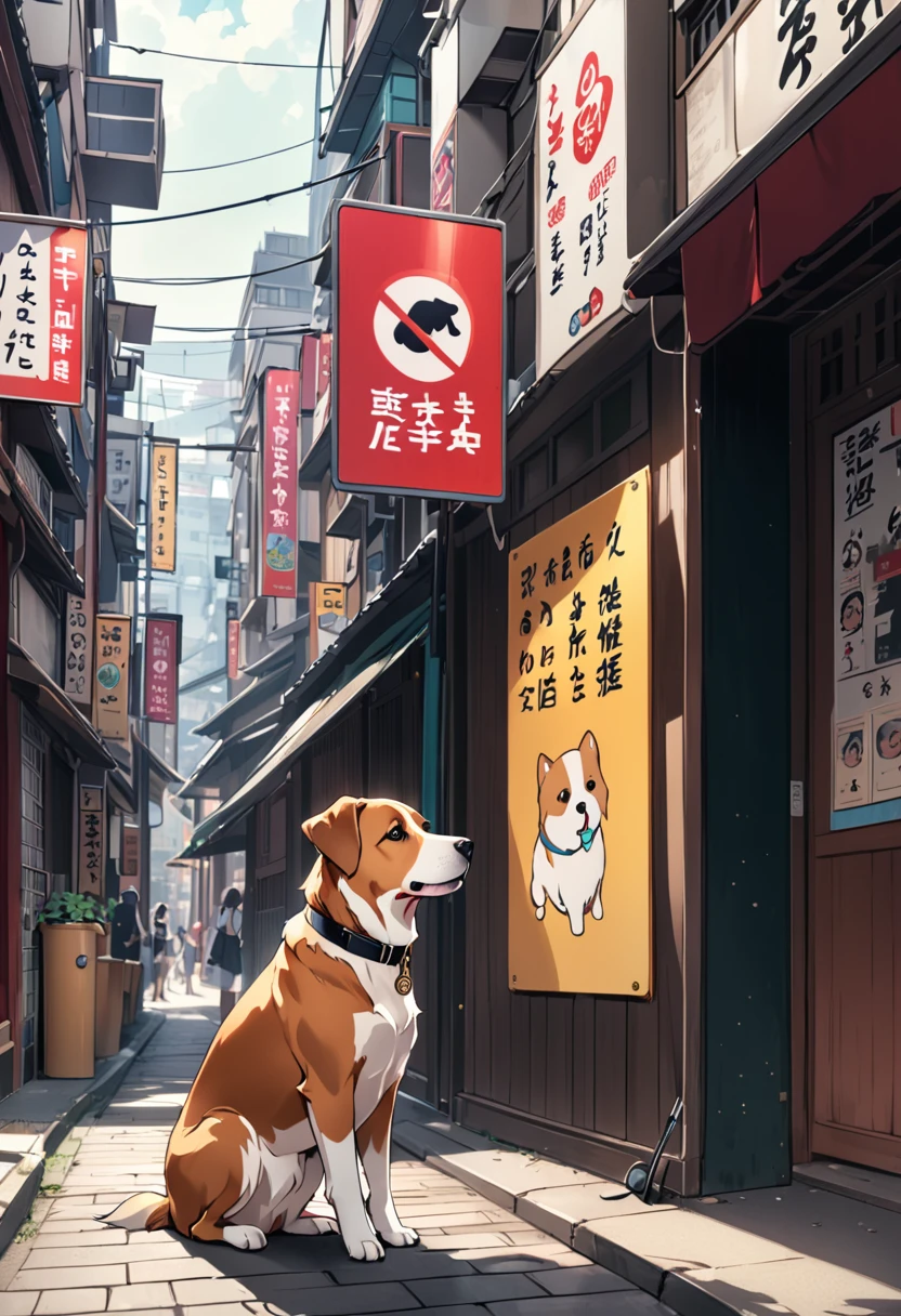 A person watching over a dog in the streets of Edo々、Legal signs are posted