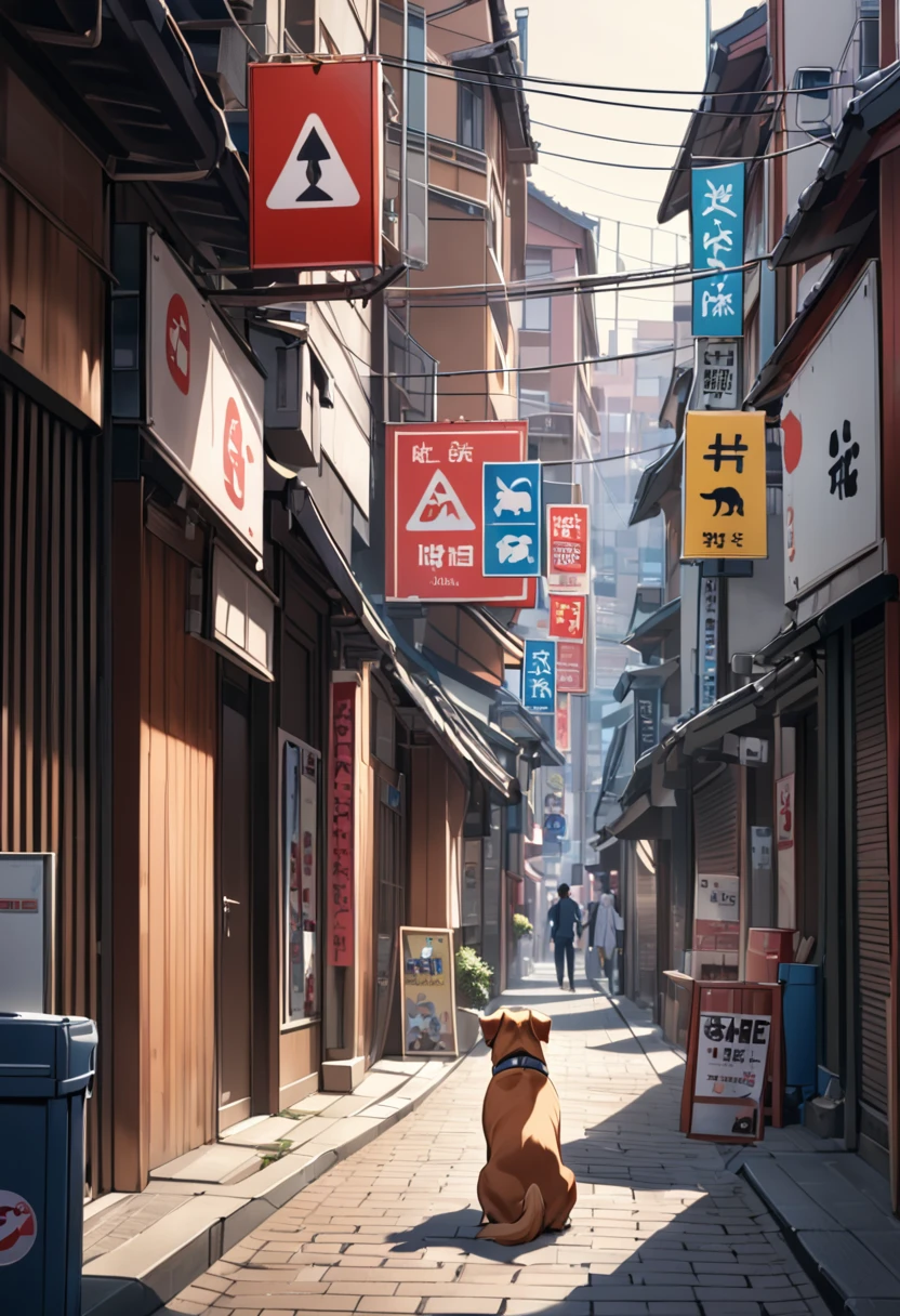 A person watching over a dog in the streets of Edo々、Legal signs are posted