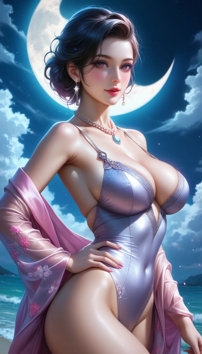 score_9, score_8_superior, score_7_superior, A masterpiece in 32K resolution,Highest quality,it is really amazing,Very detailed,Ultra-high resolution,(Ultra-realistic:1.1),(Realistic:1.1),Increased depth of field,Cinematic lighting,
Elegant Japanese MILF,
Long black hair,Ultra-detailed and beautiful face,Translucent white skin,Realistic skin texture,
(Sexy Swimwear:1.1),
Bold design,Artistic design,Beautiful and detailed pattern,Detailed fabric texture,
Gorgeous necklace,Earrings,
Coastline at night,(Giant Moon:1.4),(Dark clouds floating in the dark night sky:1.4),
(Cinematic Angle:1.1),