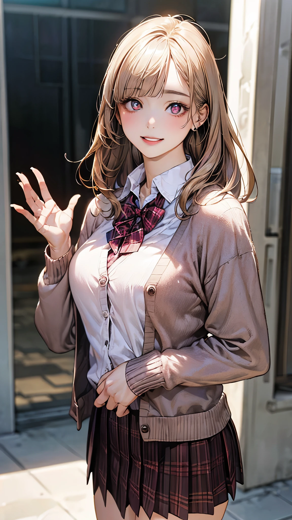 (masterpiece:1.2, top-quality), (realistic, photorealistic:1.4), beautiful illustration, (natural side lighting, movie lighting), depth of fields, nsfw, 
beautiful detailed hair, beautiful detailed face, beautiful detailed eyes, beautiful clavicle, beautiful body, beautiful chest, beautiful thigh, beautiful legs, 
looking at viewer, 1 girl, 12 years old, (perfect anatomy, anatomically correct, super detailed skin), cute and symmetrical face, perfect face, perfect eyes, 
(middle hair, straight hair, curvy hair, ash blonde hair), blunt bangs, break gold eyes, big eyes, long eye lasher, (medium breasts, seductive thighs), perfect body, shiny skin, pink skin, 
(detailed cloth texture, break white collared shirt, break (long sleeve pink knit cardigan), break dark brown pleated skirt, break dark red plaid bow tie), break 
(beautiful scenery), (school crassroom:1.2), standing, (waving hand), (lovely smile, parted lips),