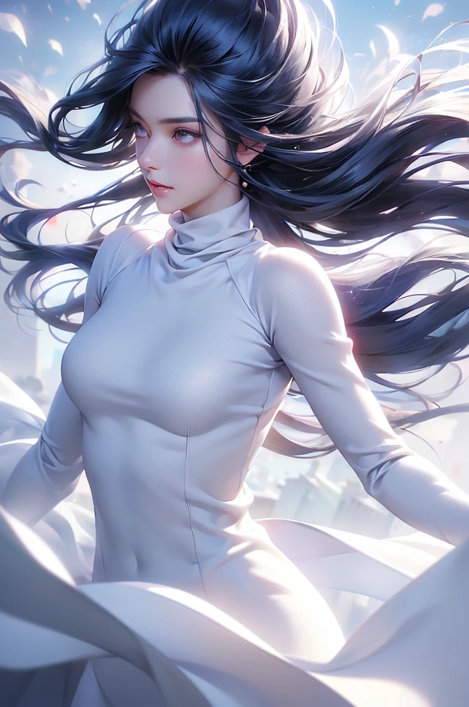 (Above the knees image)((masterpiece:1.5、8k、Portraiture、フォトリアリスティックでVery detailedなCG、Very detailed、Particle Effects、Dynamic Effects、Written boundary depth、Cinematic Light、Lens flare、Ray Tracing、Tabletop、Realistic:1.4、Ultra-high resolution:1.2、Realistic、Realistic))((alone、Turtleneck dress,No sleeve、Woman in white fur coat:1.4、Exposed sideways breast doll-like pose、Detailed face、bright表情、young, bright, Whiter skin、Small breasts:1.4、Best Looks、Ultimate beauty、Grey hair with shiny highlights:1.8、bright and shiny hair,、Arranged Hair、Hair dancing in the wind))(morning、In the background is a snowy hill overlooking the ruins...)